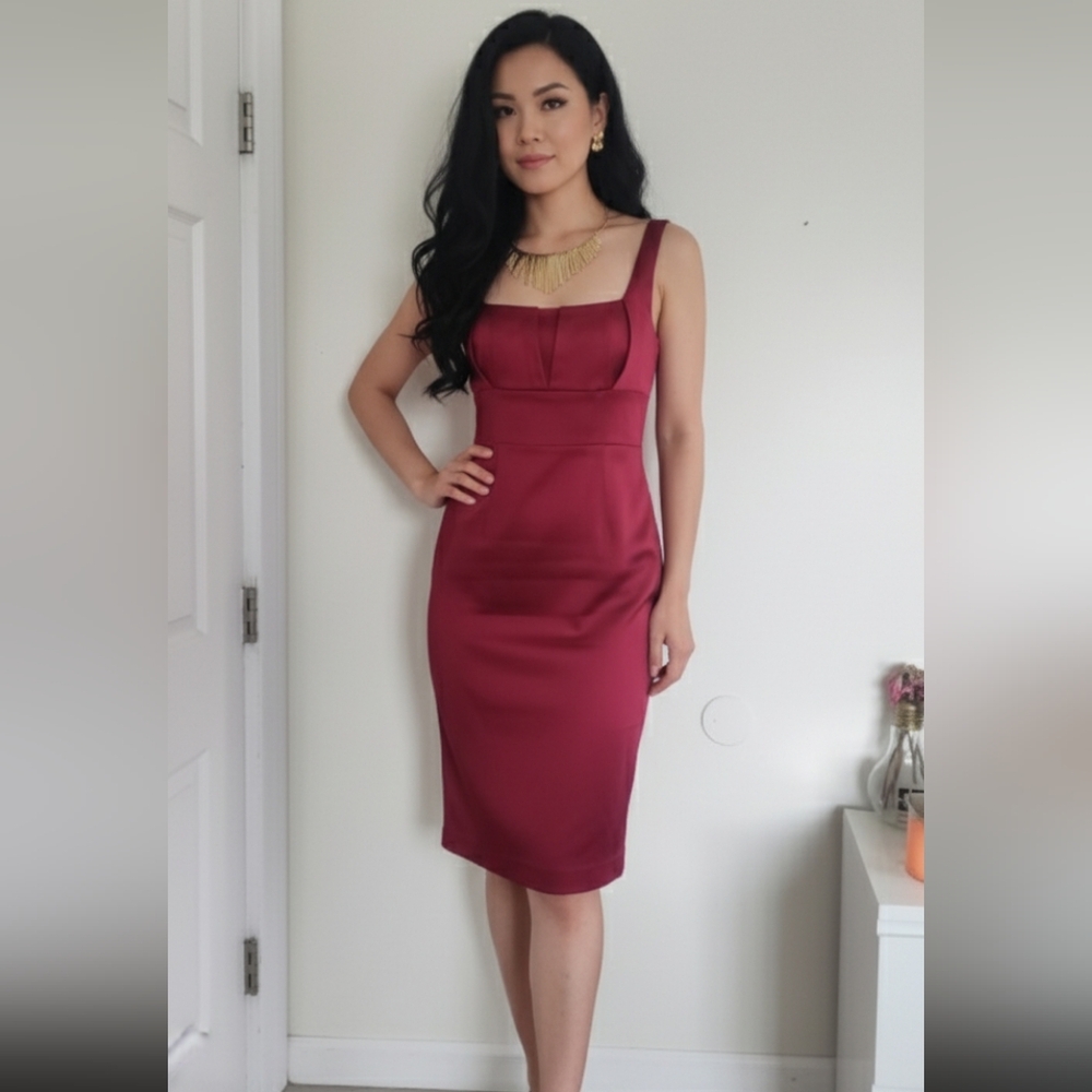 David meister red bodycon midi dress cherry red